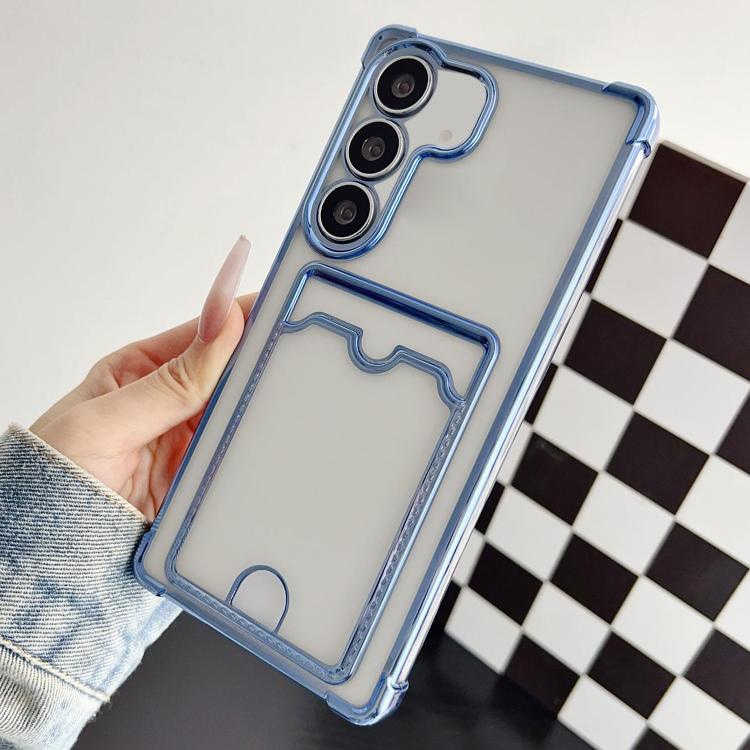 

For Samsung Galaxy S25 5G Four-cornered Electroplated Card Bag TPU Phone Case(Bule)