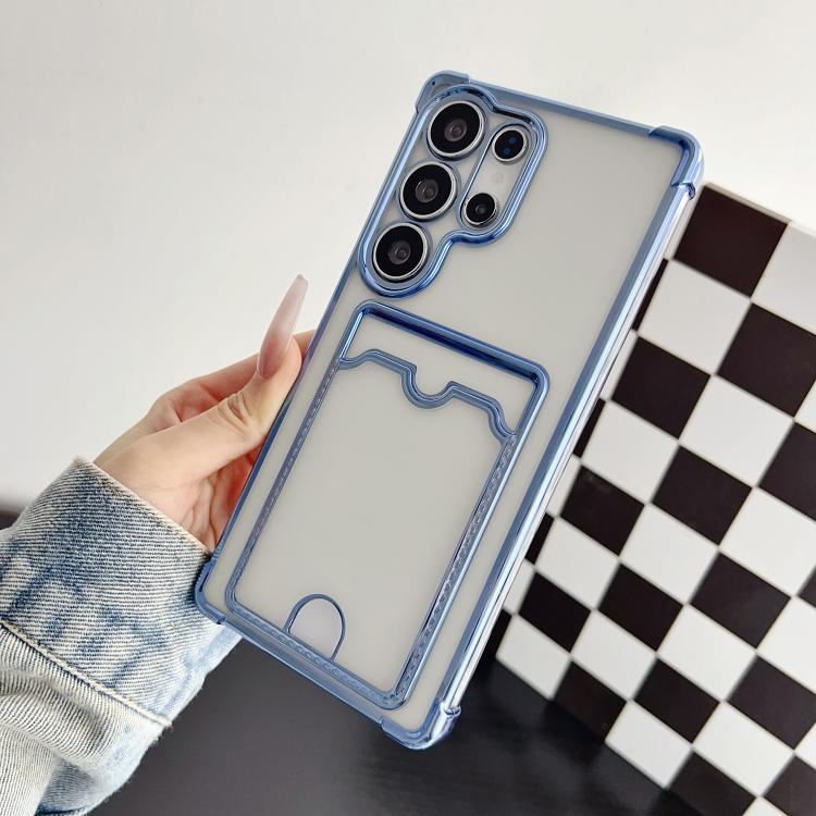 

For Samsung Galaxy S24 Ultra 5G Four-cornered Electroplated Card Bag TPU Phone Case(Bule)