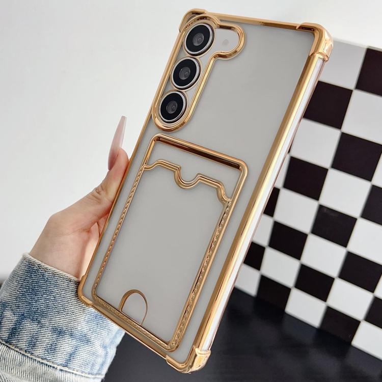 

For Samsung Galaxy S23+ 5G Four-cornered Electroplated Card Bag TPU Phone Case(Gold)