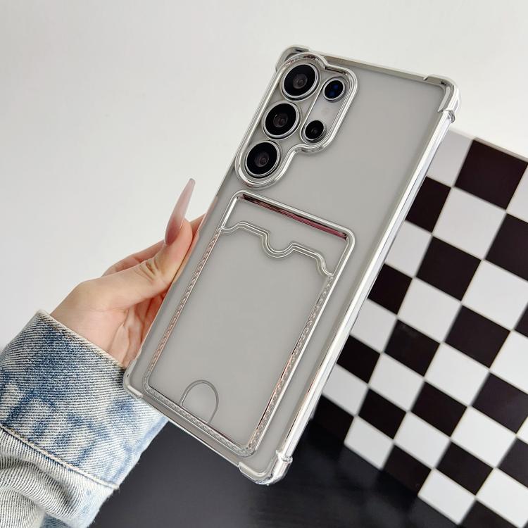 

For Samsung Galaxy S22 Ultra 5G Four-cornered Electroplated Card Bag TPU Phone Case(Silver)