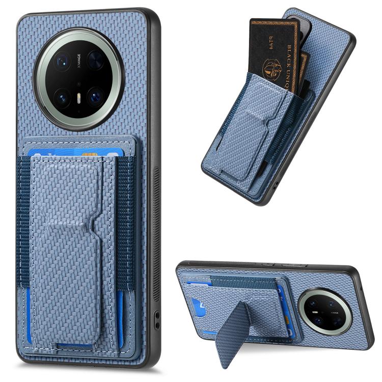 

For Huawei Mate 70 Pro+ Carbon Fiber Fold Stand Elastic Card Bag Phone Case(Blue)