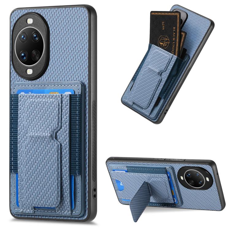 

For Huawei nova 14 Ultra Carbon Fiber Fold Stand Elastic Card Bag Phone Case(Blue)
