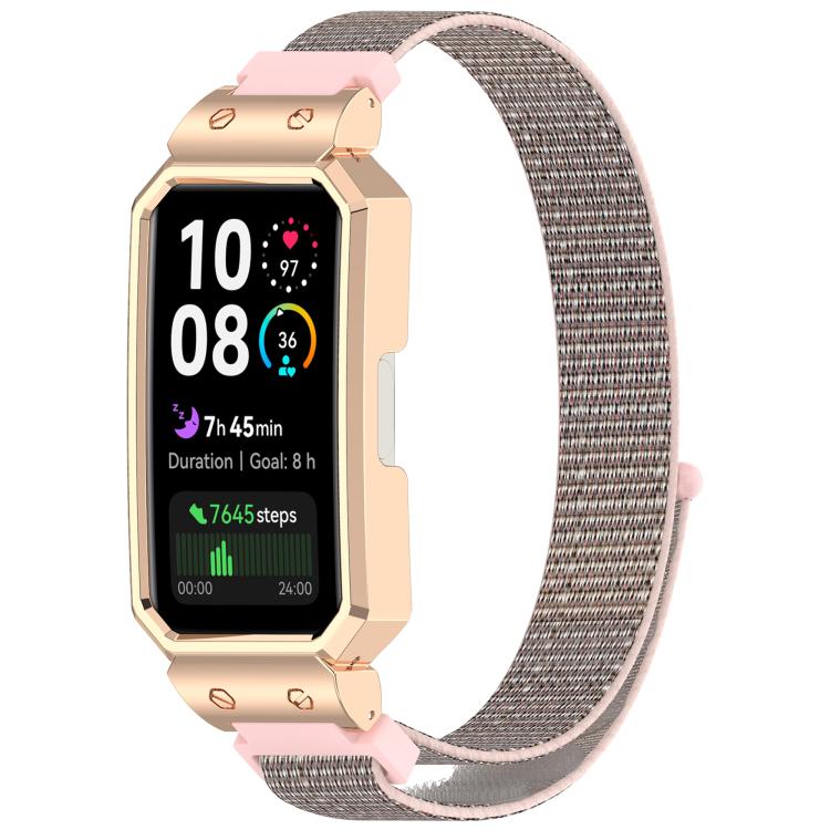 

For Huawei Band 10 / 10 NFC / 9 / 9 NFC Watch Frame Integrated Nylon Loop Watch Band(Pink Sand+Rose Gold)
