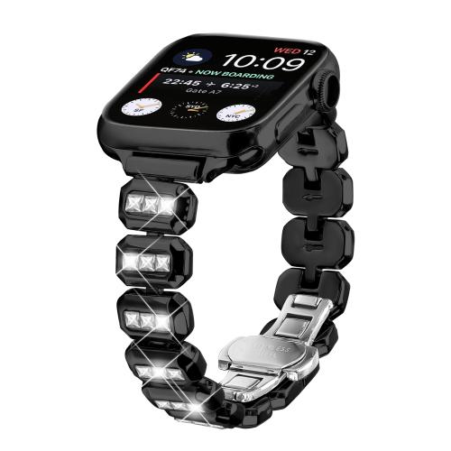 

For Apple Watch 46mm / 49mm / 45mm / 44mm Small Square Diamonds Butterfly Buckle Watch Band(Black)