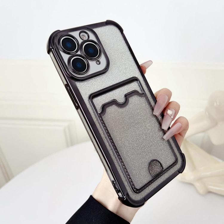 

For iPhone 11 Pro Max Four-cornered Glitter Electroplated Card Bag TPU Phone Case(Black)