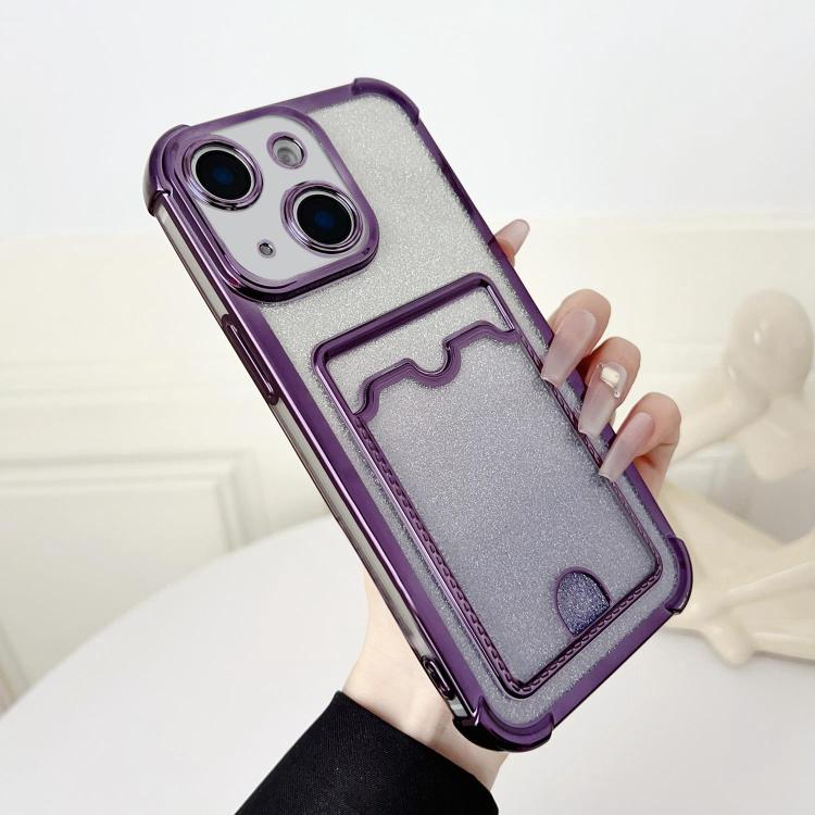 

For iPhone 14 Four-cornered Glitter Electroplated Card Bag TPU Phone Case(Purple)