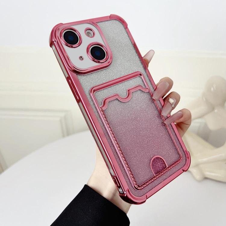 

For iPhone 14 Plus Four-cornered Glitter Electroplated Card Bag TPU Phone Case(Pink)