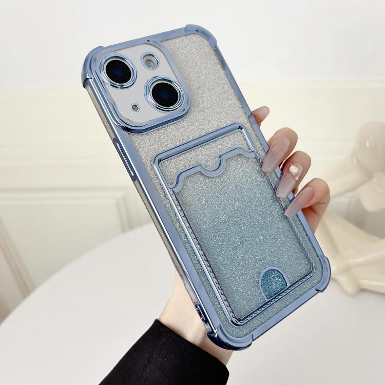 

For iPhone 15 Four-cornered Glitter Electroplated Card Bag TPU Phone Case(Blue)