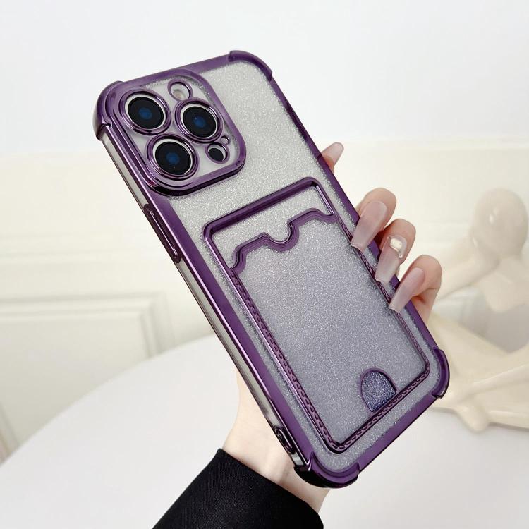 

For iPhone 15 Pro Four-cornered Glitter Electroplated Card Bag TPU Phone Case(Purple)