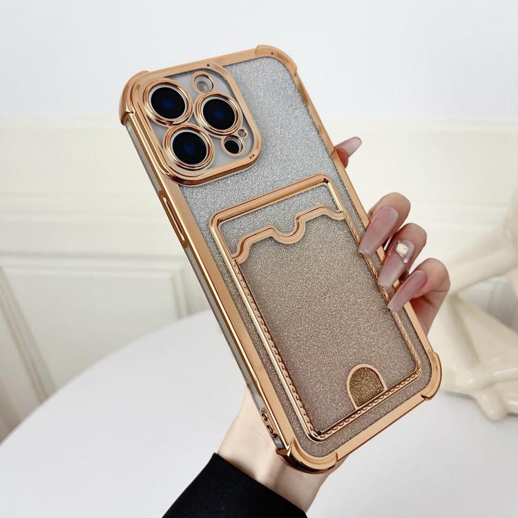 

For iPhone 15 Pro Max Four-cornered Glitter Electroplated Card Bag TPU Phone Case(Gold)