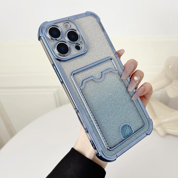 

For iPhone 16 Pro Max Four-cornered Glitter Electroplated Card Bag TPU Phone Case(Blue)