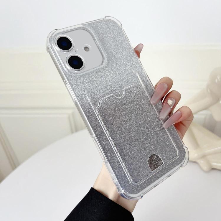

For iPhone 16 Plus Four-cornered Glitter Electroplated Card Bag TPU Phone Case(Transparent)
