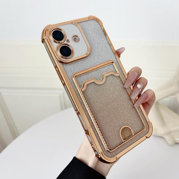 

For iPhone 16 Four-cornered Glitter Electroplated Card Bag TPU Phone Case(Gold)