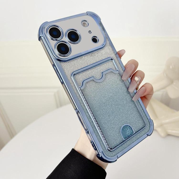 

For iPhone 17 Pro Max Four-cornered Glitter Electroplated Card Bag TPU Phone Case(Blue)