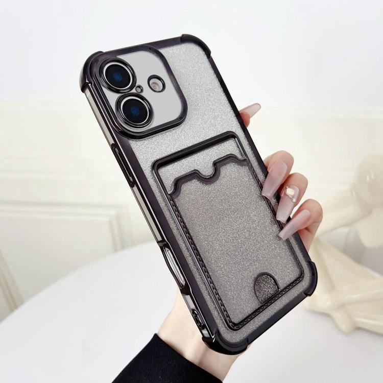 

For iPhone 17 Four-cornered Glitter Electroplated Card Bag TPU Phone Case(Black)