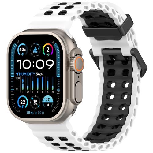 

For Apple Watch 46mm / 49mm / 45mm / 44mm Ocean Double-row Hole Two-color Silicone Watch Band(White Black)