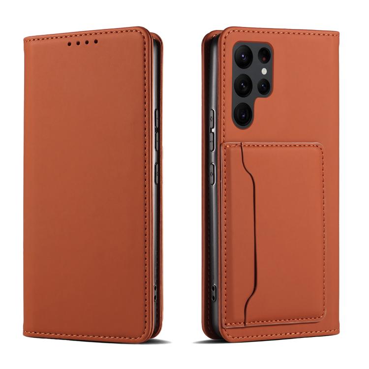 

For Samsung Galaxy S23 Ultra 5G Magnetism Skin Feel Card Holder Leather Phone Case(Brown)
