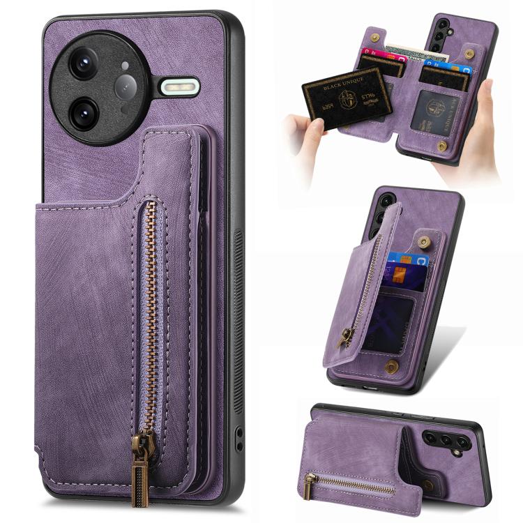 

For Redmi K80 / Poco F7 Pro Retro Leather Zipper Wallet Back Phone Case(Purple)