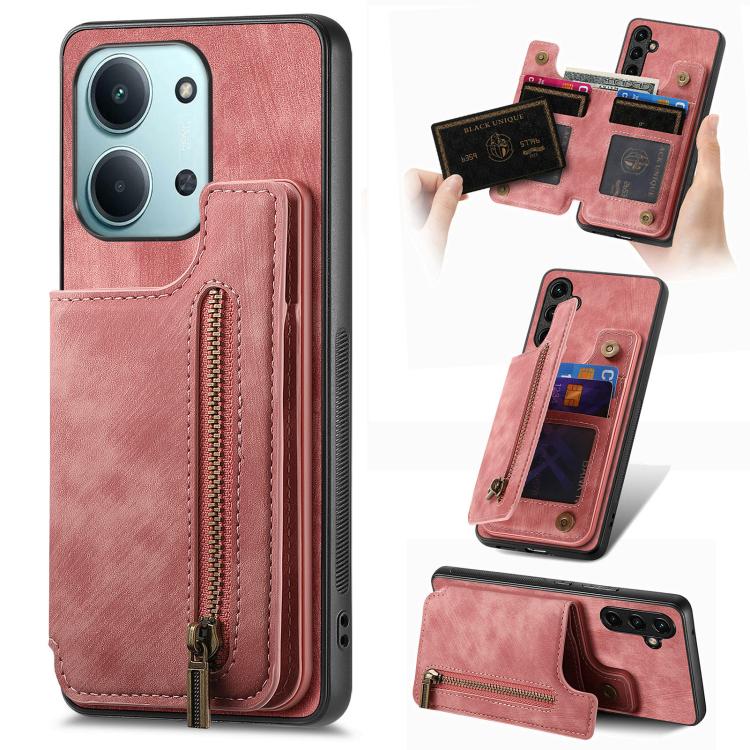 

For Redmi 15C 5G / 4G Glodal 171mm Retro Leather Zipper Wallet Back Phone Case(Pink)