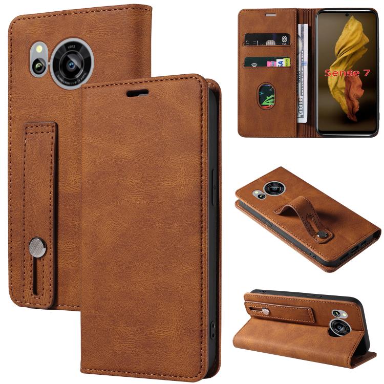

For Sharp Sense7 Wristband Magnetic Leather Phone Case(Brown)