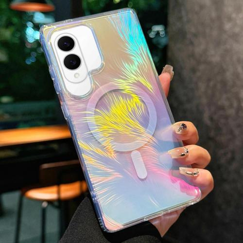 

For Samsung Galaxy S25 Edge 5G Glossy Color-Plated MagSafe Shockproof Phone Case(Colored Feather)