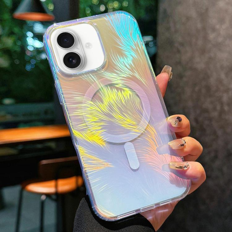 

For iPhone 16 Glossy Color-Plated MagSafe Shockproof Phone Case(Colored Feathers)