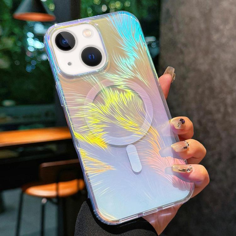 

For iPhone 14 Plus Glossy Color-Plated MagSafe Shockproof Phone Case(Colored Feathers)