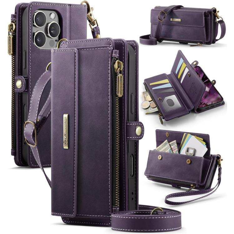 

For iPhone 16 Pro CaseMe C39 RFID Blocking Zipper Wallet Leather Phone Case with Crossbody Strap(Purple)