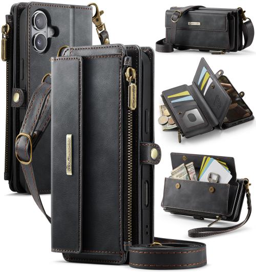 

For iPhone 16 Plus CaseMe C39 RFID Blocking Zipper Wallet Leather Phone Case with Crossbody Strap(Black)