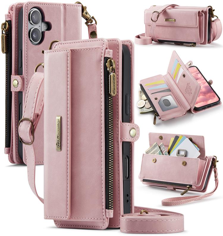 

For iPhone 16 CaseMe C39 RFID Blocking Zipper Wallet Leather Phone Case with Crossbody Strap(Pink)