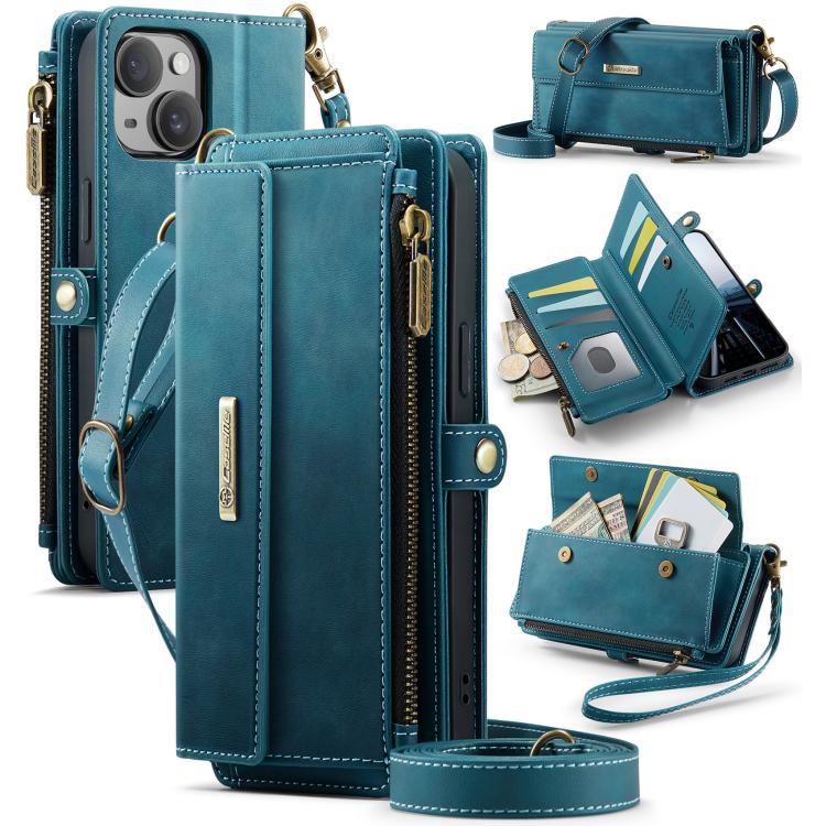 

For iPhone 14 Plus CaseMe C39 RFID Blocking Zipper Wallet Leather Phone Case with Crossbody Strap(Green)