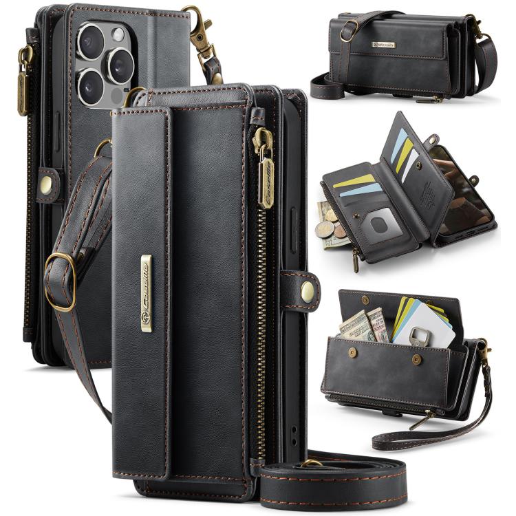

For iPhone 14 Pro CaseMe C39 RFID Blocking Zipper Wallet Leather Phone Case with Crossbody Strap(Black)