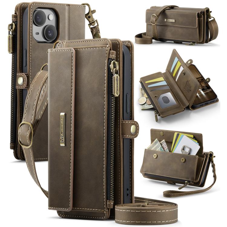 

For iPhone 13 CaseMe C39 RFID Blocking Zipper Wallet Leather Phone Case with Crossbody Strap(Coffee)