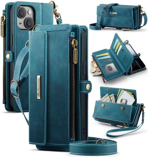 

For iPhone 13 CaseMe C39 RFID Blocking Zipper Wallet Leather Phone Case with Crossbody Strap(Green)