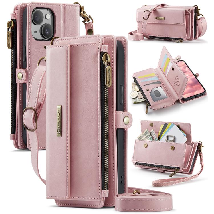 

For iPhone 13 mini CaseMe C39 RFID Blocking Zipper Wallet Leather Phone Case with Crossbody Strap(Pink)