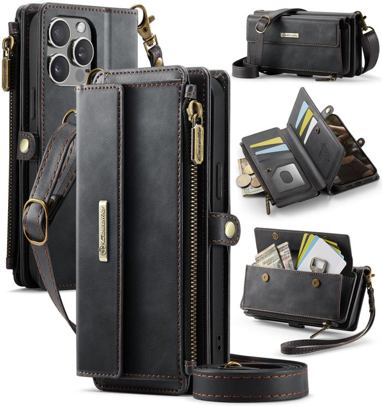 

For iPhone 12 Pro Max CaseMe C39 RFID Blocking Zipper Wallet Leather Phone Case with Crossbody Strap(Black)