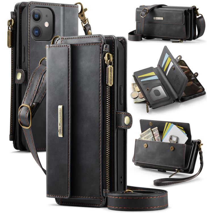 For iPhone 12 / 12 Pro CaseMe C39 RFID Blocking Zipper Wallet Leather Phone Case with Crossbody Strap(Black)