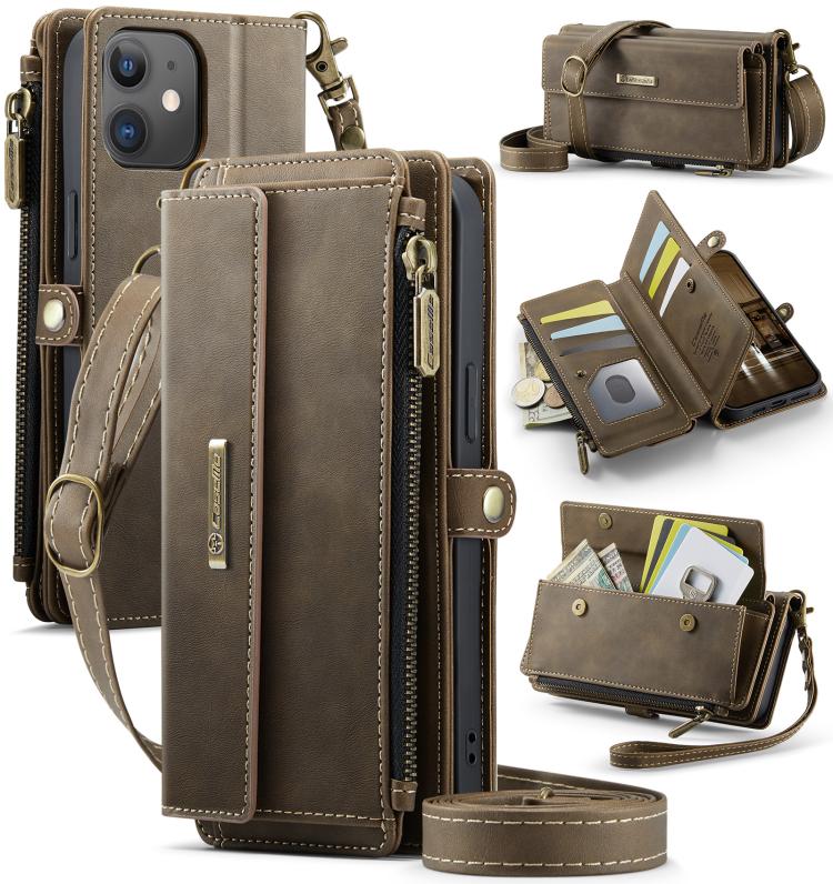 

For iPhone 12 / 12 Pro CaseMe C39 RFID Blocking Zipper Wallet Leather Phone Case with Crossbody Strap(Coffee)