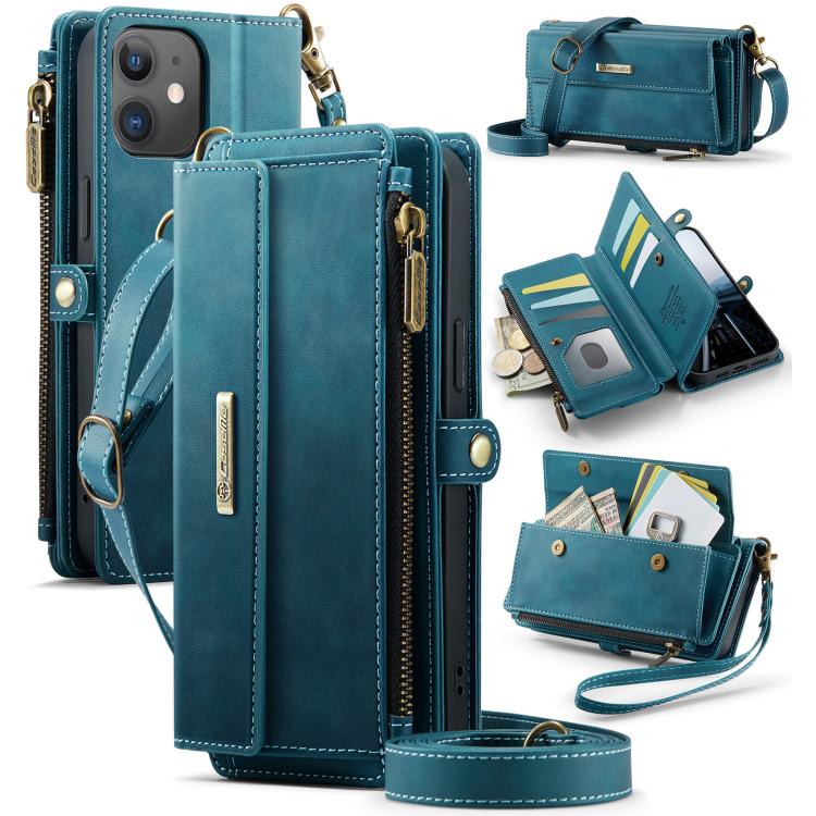 

For iPhone 12 mini CaseMe C39 RFID Blocking Zipper Wallet Leather Phone Case with Crossbody Strap(Green)