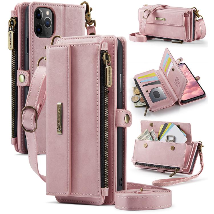 

For iPhone 11 Pro Max CaseMe C39 RFID Blocking Zipper Wallet Leather Phone Case with Crossbody Strap(Pink)