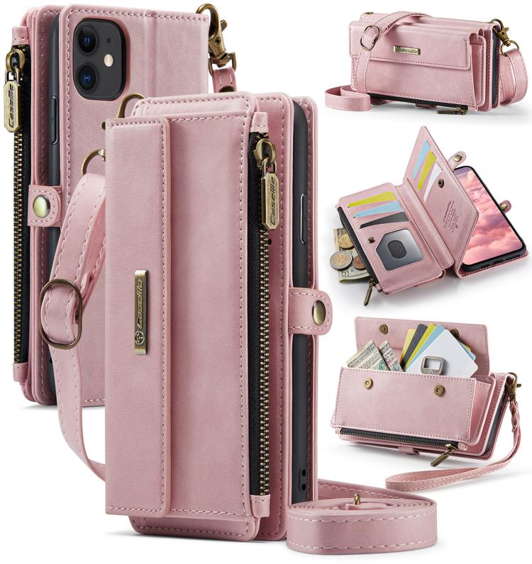 

For iPhone 11 CaseMe C39 RFID Blocking Zipper Wallet Leather Phone Case with Crossbody Strap(Pink)