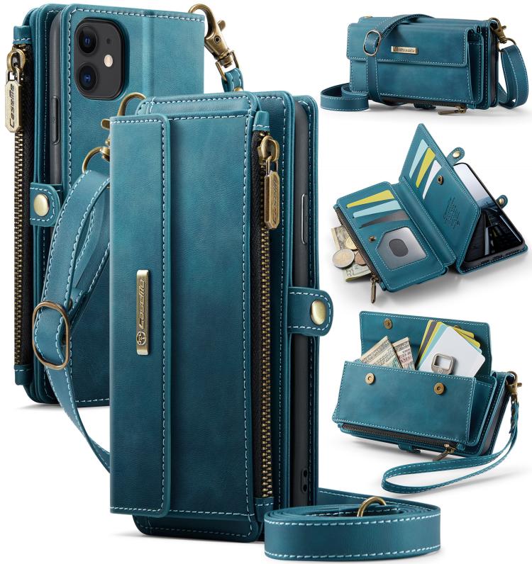 

For iPhone 11 CaseMe C39 RFID Blocking Zipper Wallet Leather Phone Case with Crossbody Strap(Green)