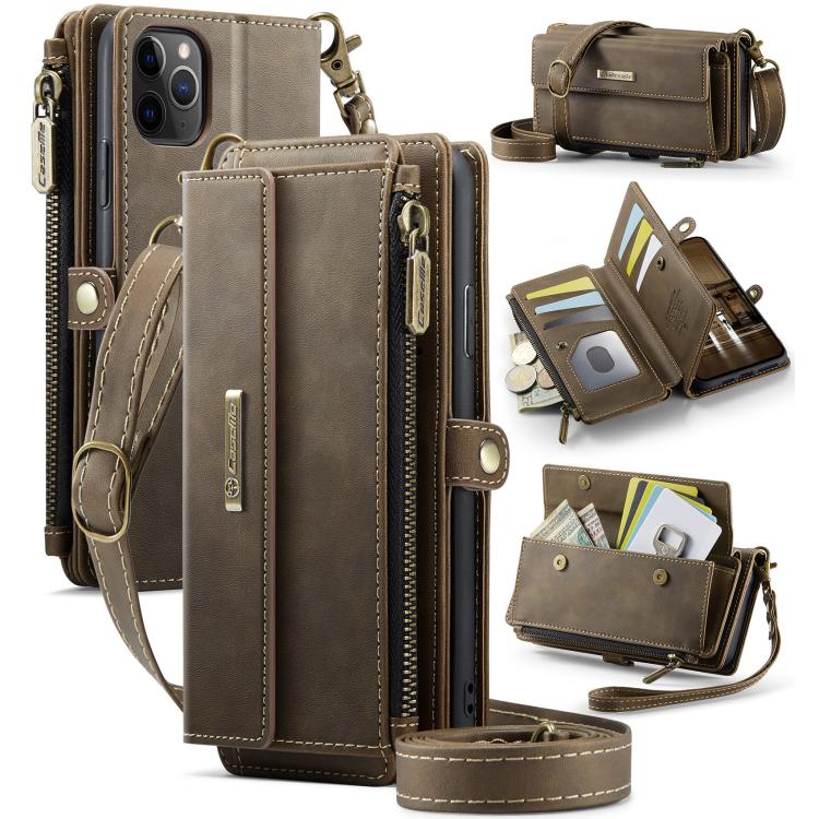 

For iPhone 11 Pro CaseMe C39 RFID Blocking Zipper Wallet Leather Phone Case with Crossbody Strap(Coffee)