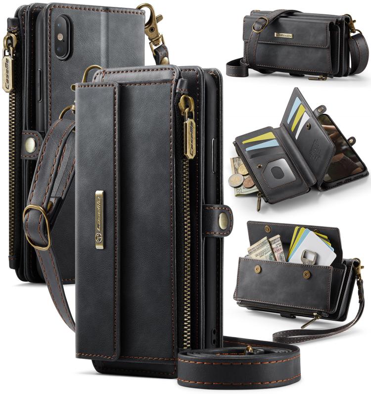 

For iPhone X / XS CaseMe C39 RFID Blocking Zipper Wallet Leather Phone Case with Crossbody Strap(Black)