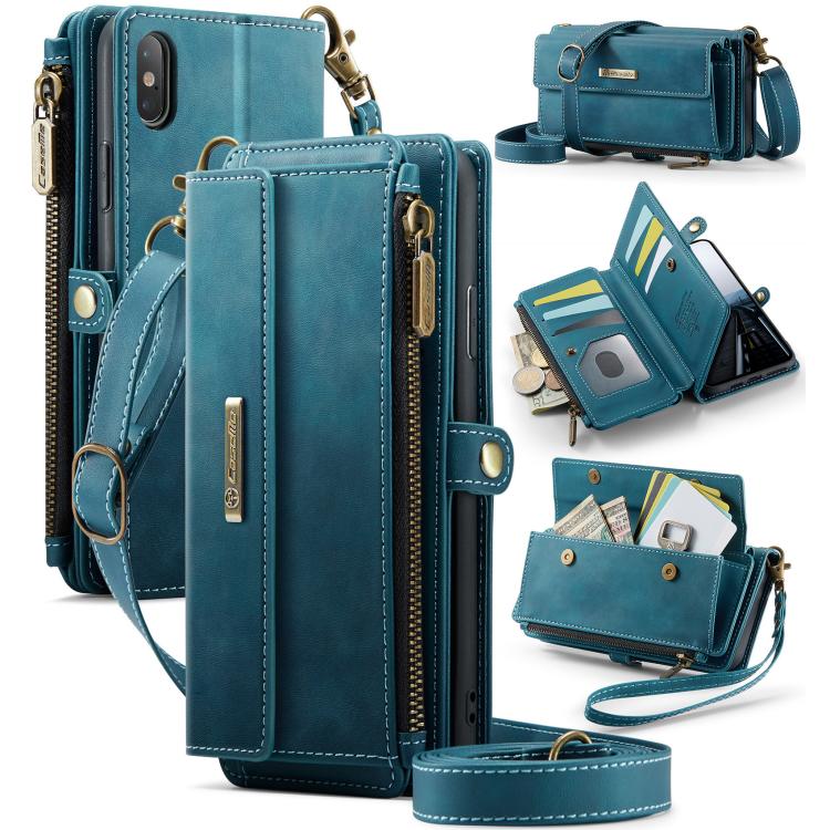For iPhone X / XS CaseMe C39 RFID Blocking Zipper Wallet Leather Phone Case with Crossbody Strap(Green)