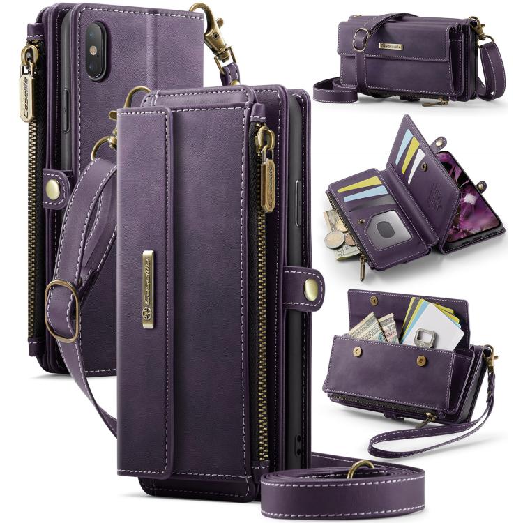 

For iPhone X / XS CaseMe C39 RFID Blocking Zipper Wallet Leather Phone Case with Crossbody Strap(Purple)
