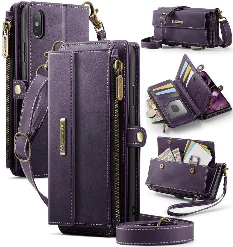 

For iPhone XS Max CaseMe C39 RFID Blocking Zipper Wallet Leather Phone Case with Crossbody Strap(Purple)