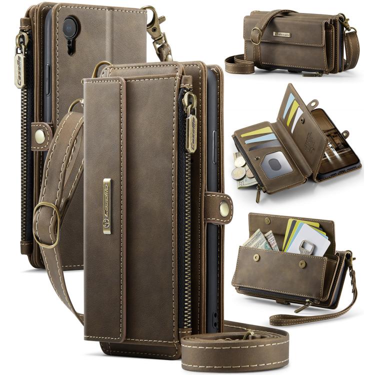 

For iPhone XR CaseMe C39 RFID Blocking Zipper Wallet Leather Phone Case with Crossbody Strap(Coffee)