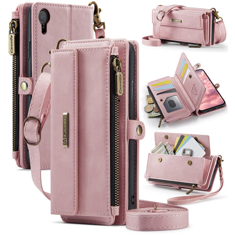 

For iPhone XR CaseMe C39 RFID Blocking Zipper Wallet Leather Phone Case with Crossbody Strap(Pink)