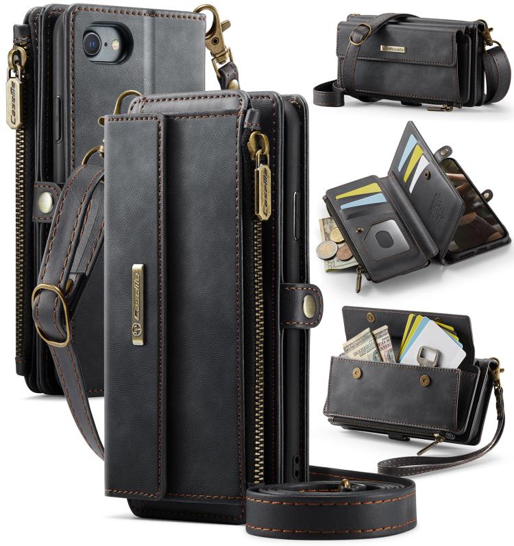 

For iPhone 7 / 8 / SE 2022 CaseMe C39 RFID Blocking Zipper Wallet Leather Phone Case with Crossbody Strap(Black)